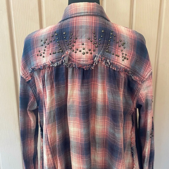 Free People • Take Me On Studded Plaid Fringe Button Down Long Sleeve Shirt XS - Picture 10 of 15